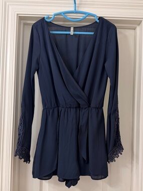 Navy Long Sleeve Wrap Romper